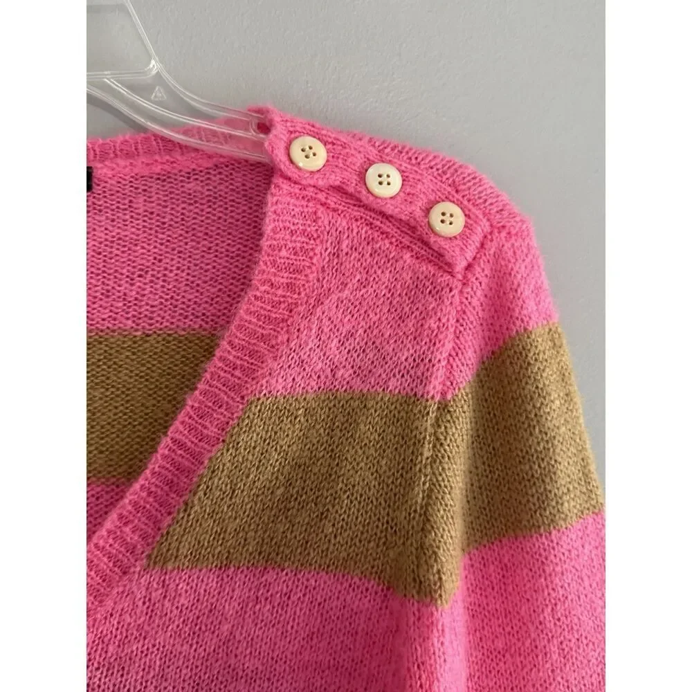 J Crew Y2K Sweater V Neck Mohair Wool Blend Pink Stripe Button Preppy Academia S